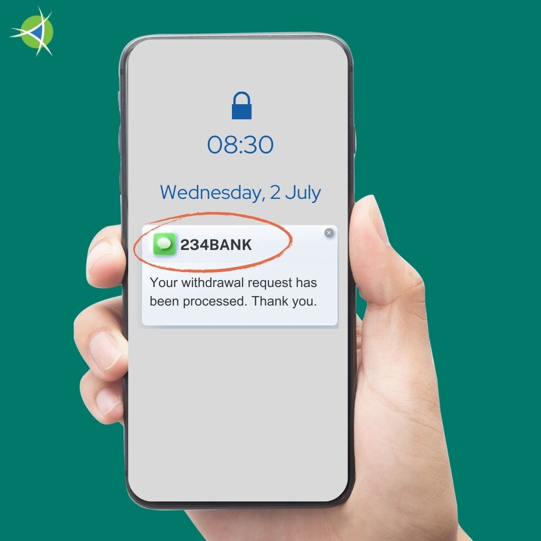 Phone shows suspicious message from 234BANK: 'Your withdrawal request has been processed.'